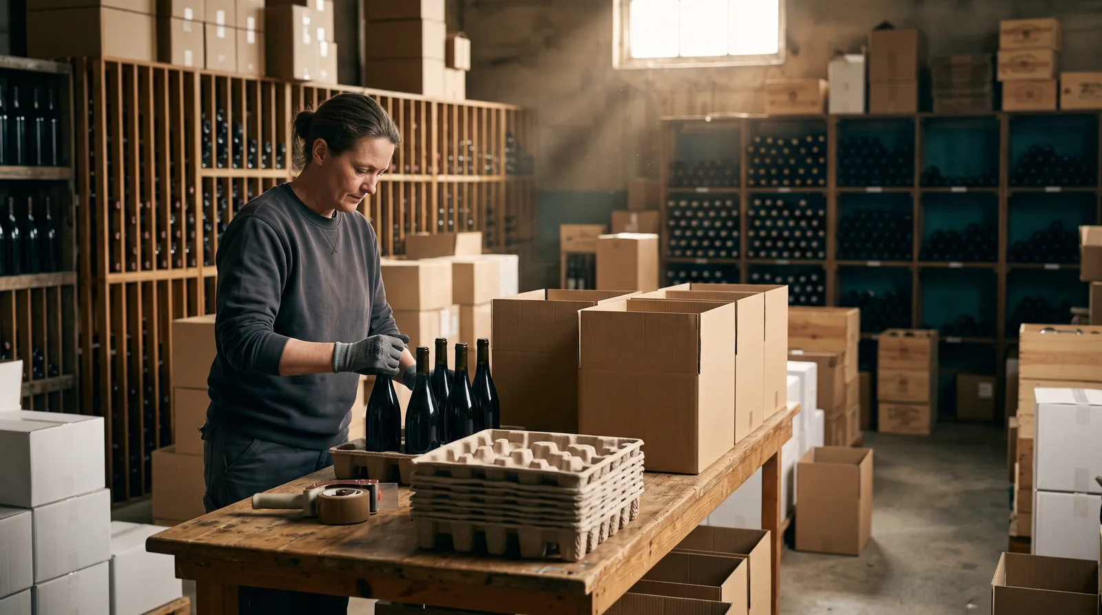 Wide view of a small wine warehouse where a worker packs unlabeled wine bottles into molded shipping inserts inside cardboard boxes, with stacked cases and wooden racks behind.