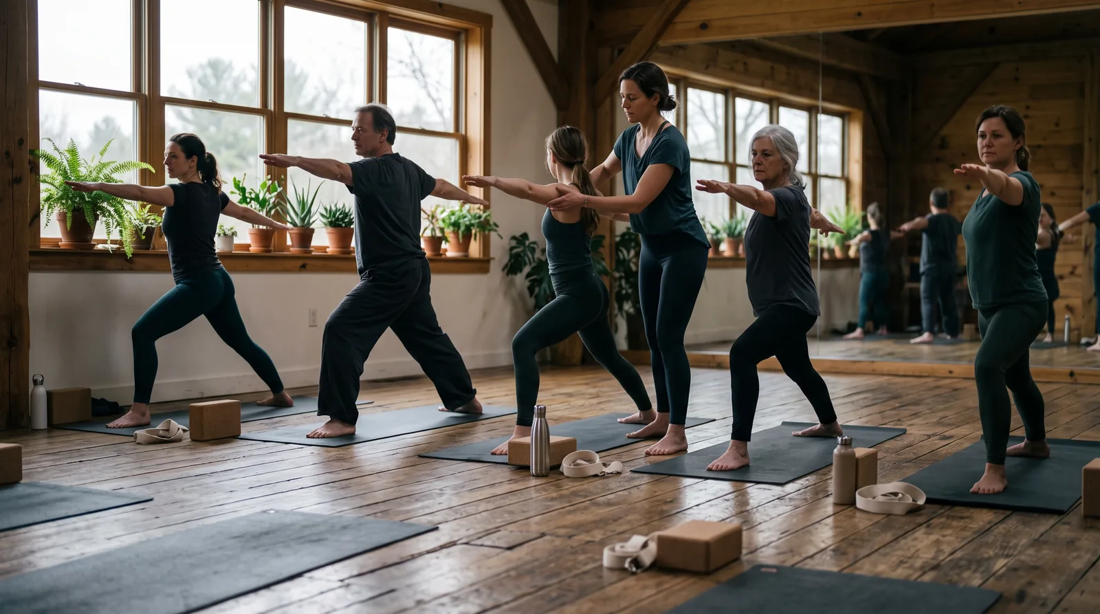 Low wide view across a wooden studio floor: students in a standing pose on mats in soft window light while a teacher gently guides one student's arms.